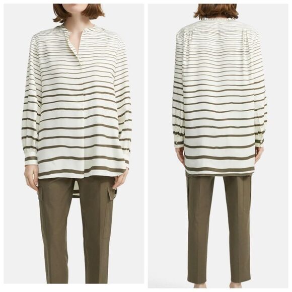 THEORY Popover Ivory/Olive Green Painted Stripe Silk Tunic Blouse Size Small - Picture 3 of 11